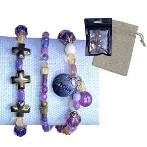 Regal 3 Cross Bracelet Purple Amethyst February Birthstone Religious Beaded